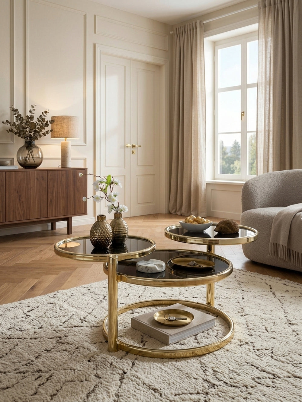 Draufsicht auf den runden Wohnzimmertisch aus schwarzem Glas und goldfarbenem Stahl. Die drei schwenkbaren Ebenen sind optimal im modernen Wohnbereich arrangiert._