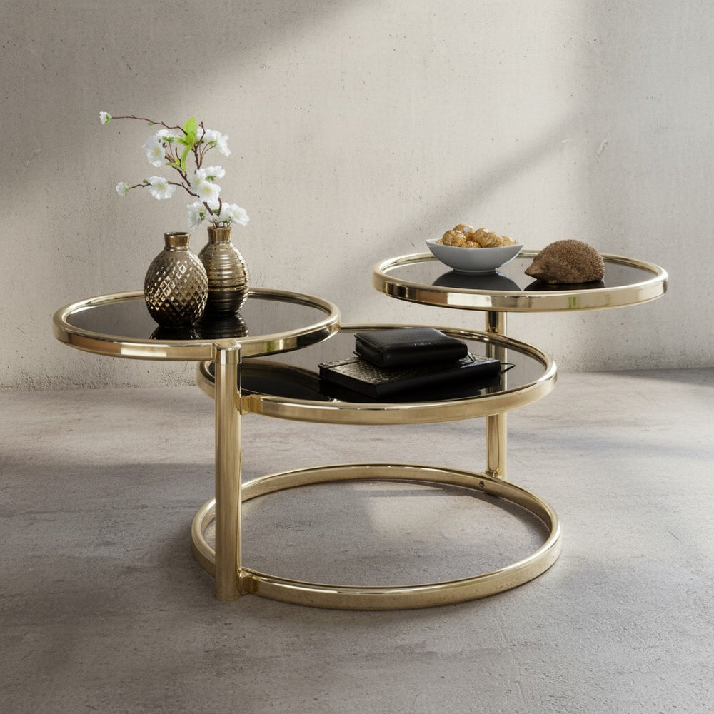 Runder Glastisch_ Schwenkbare Glasplatten_ Stahlgestell_ 58-139 cm breit_ Ø 38-47 cm_ spiegelnde schwarze Glasplatten - KADIMA DESIGN_Farbe_ Gold_ Größe_ 58x58x43 cm_