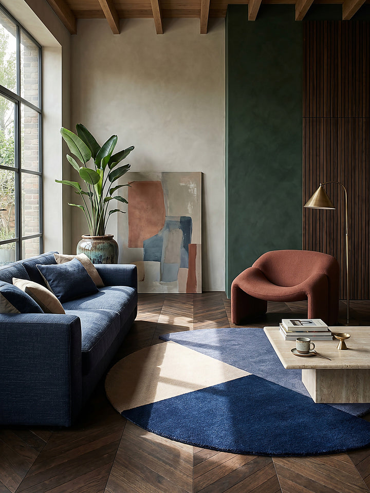 Teppich Blau-Beige rund im Wohnzimmer mit Couchtisch und Wohnaccessoires Wohnidee skandinavisch modern_