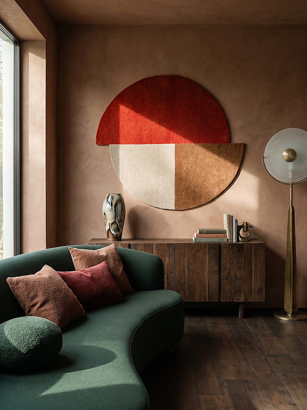 Teppich Rot-Beige rund als Wandteppich Wanddekoration Textilkunst Interior Design_