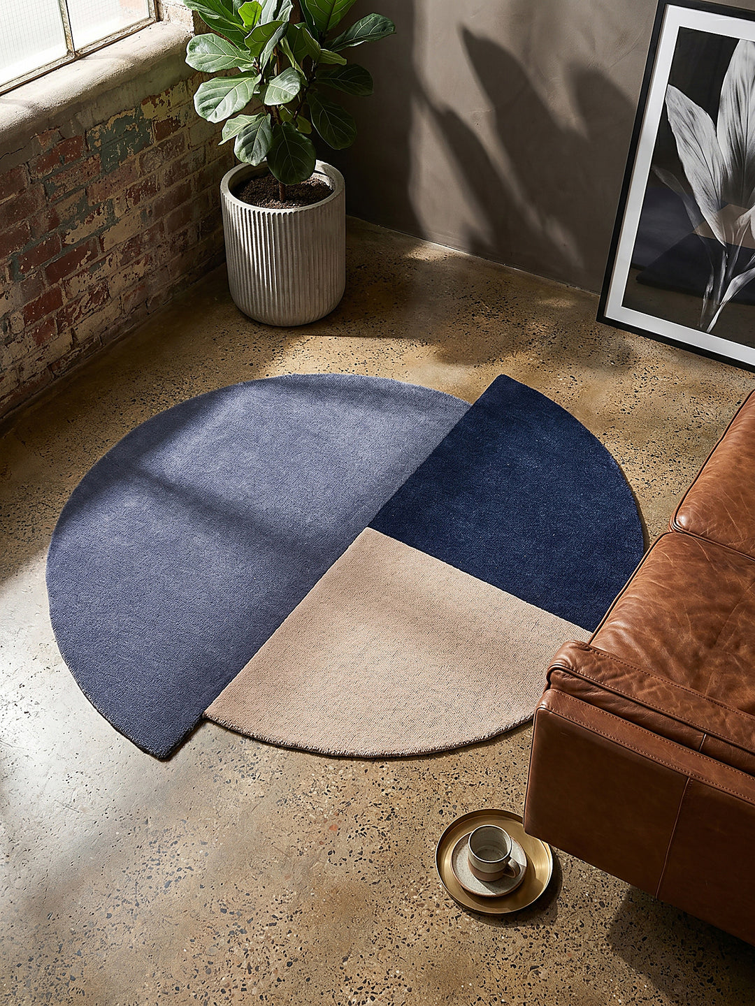 Teppich Blau-Beige rund Musteransicht von oben Designkollektion_