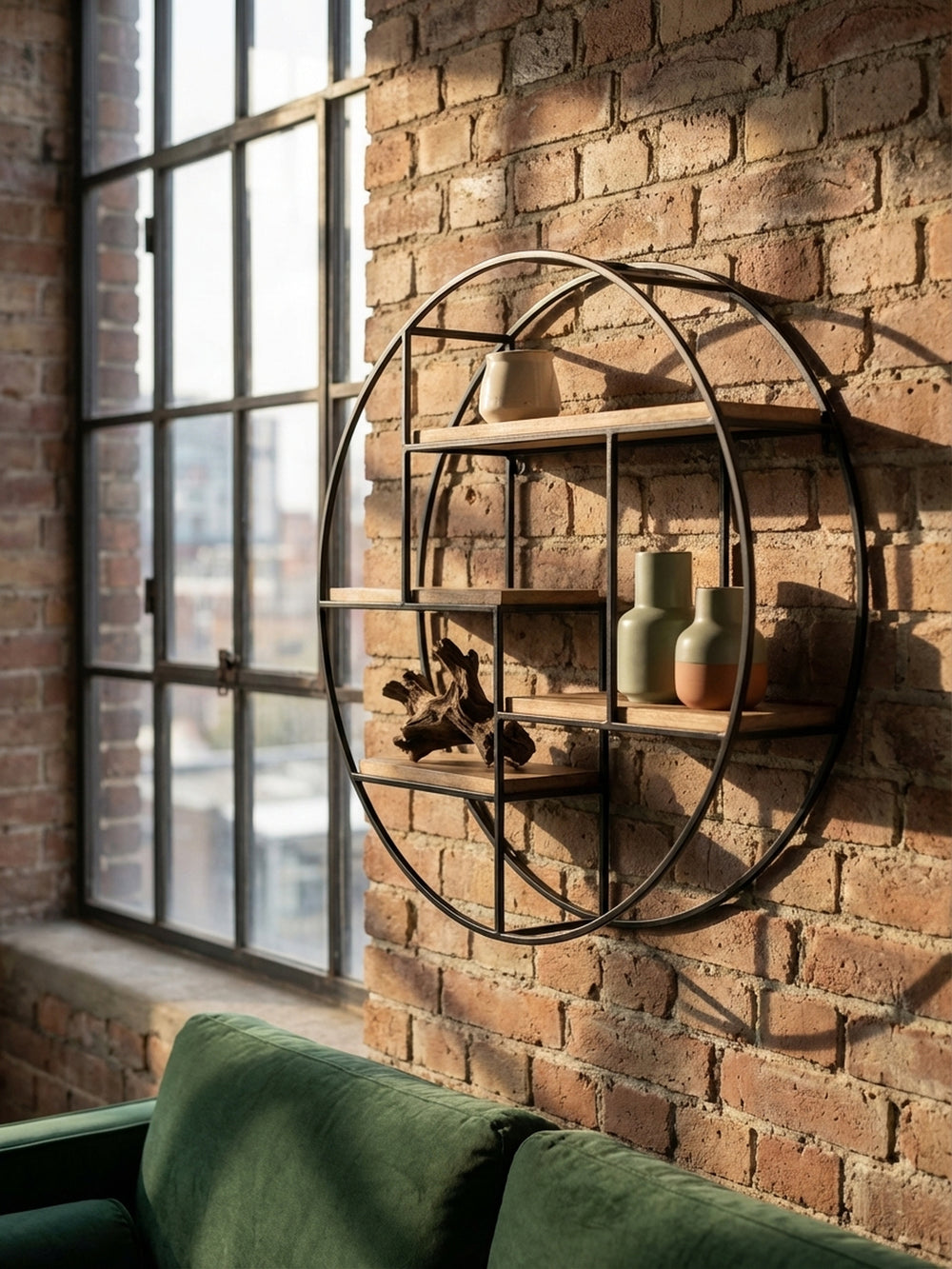 Detailansicht des Industrial-Wandregals, dekoriert mit handgetöpferten Keramikvasen und einer kleinen Bronzefigur, die eine wohnliche Atmosphäre schafft._