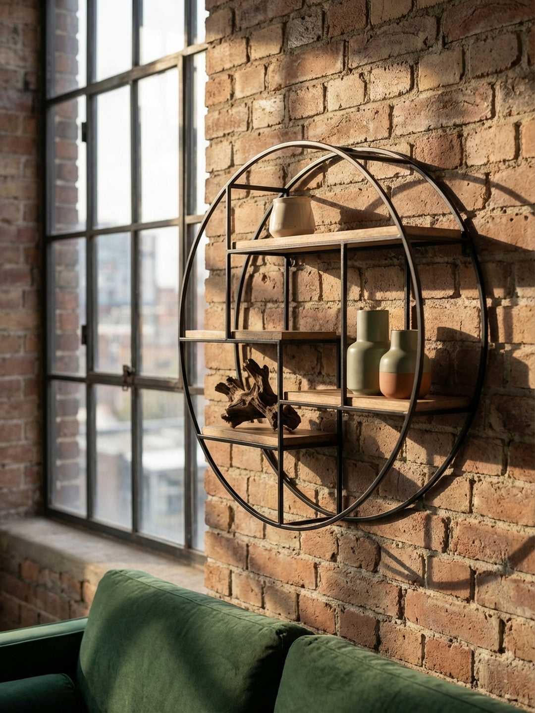 Detailansicht des Industrial-Wandregals, dekoriert mit handgetöpferten Keramikvasen und einer kleinen Bronzefigur, die eine wohnliche Atmosphäre schafft._
