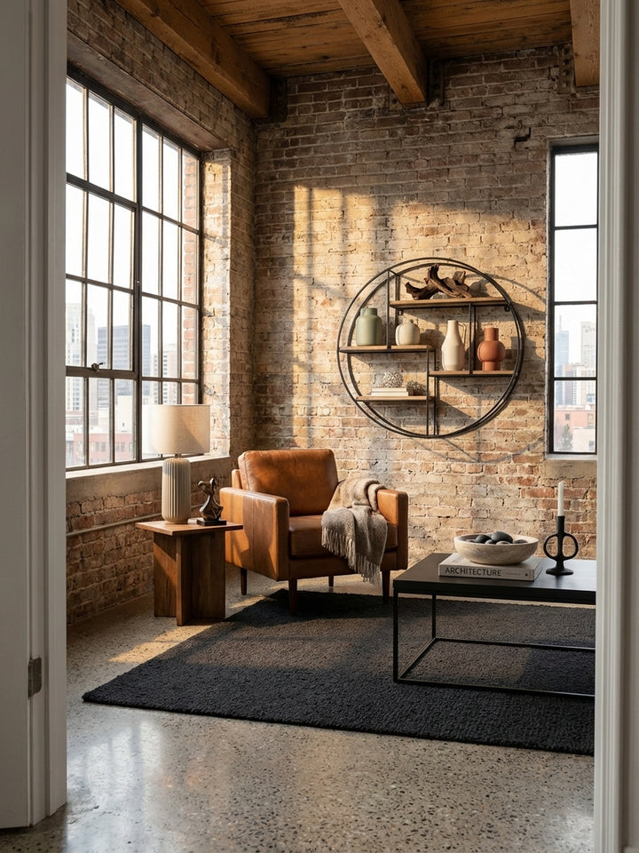 Rundes Wandregal aus Mangoholz und Metall als zentrales Designelement in einem großzügigen Loft-Wohnzimmer mit Sichtbalken und Ledersofa._