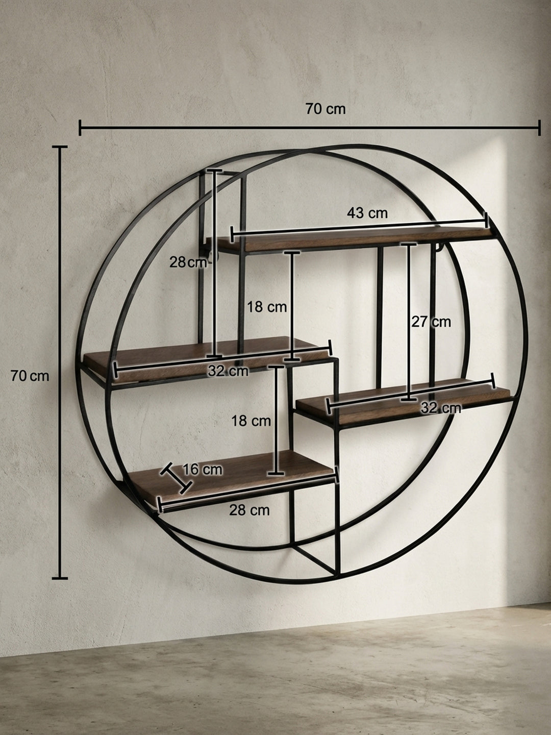 Technisches Maßbild des runden Wandregals mit allen exakten Abmessungen: 70 cm Höhe und Breite, 18 cm Tiefe, sowie die Maße der einzelnen Regalböden._