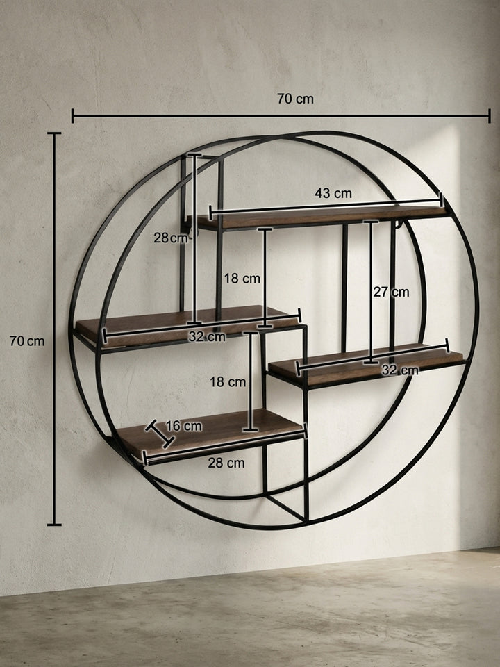 Technisches Maßbild des runden Wandregals mit allen exakten Abmessungen: 70 cm Höhe und Breite, 18 cm Tiefe, sowie die Maße der einzelnen Regalböden._