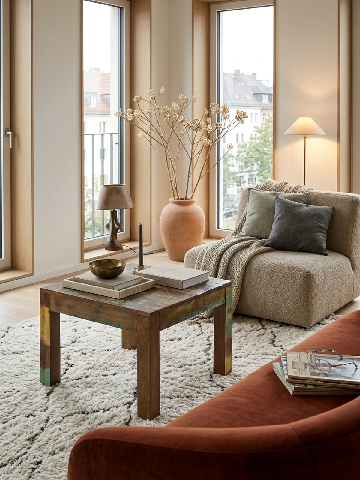 Quadratischer Couchtisch aus recyceltem Mango-Massivholz im organisch-modernen Wohnzimmer. Das 60x60 cm große Möbelstück setzt mit Shabby-Chic Farbakzenten einen spannenden Kontrast auf dem_