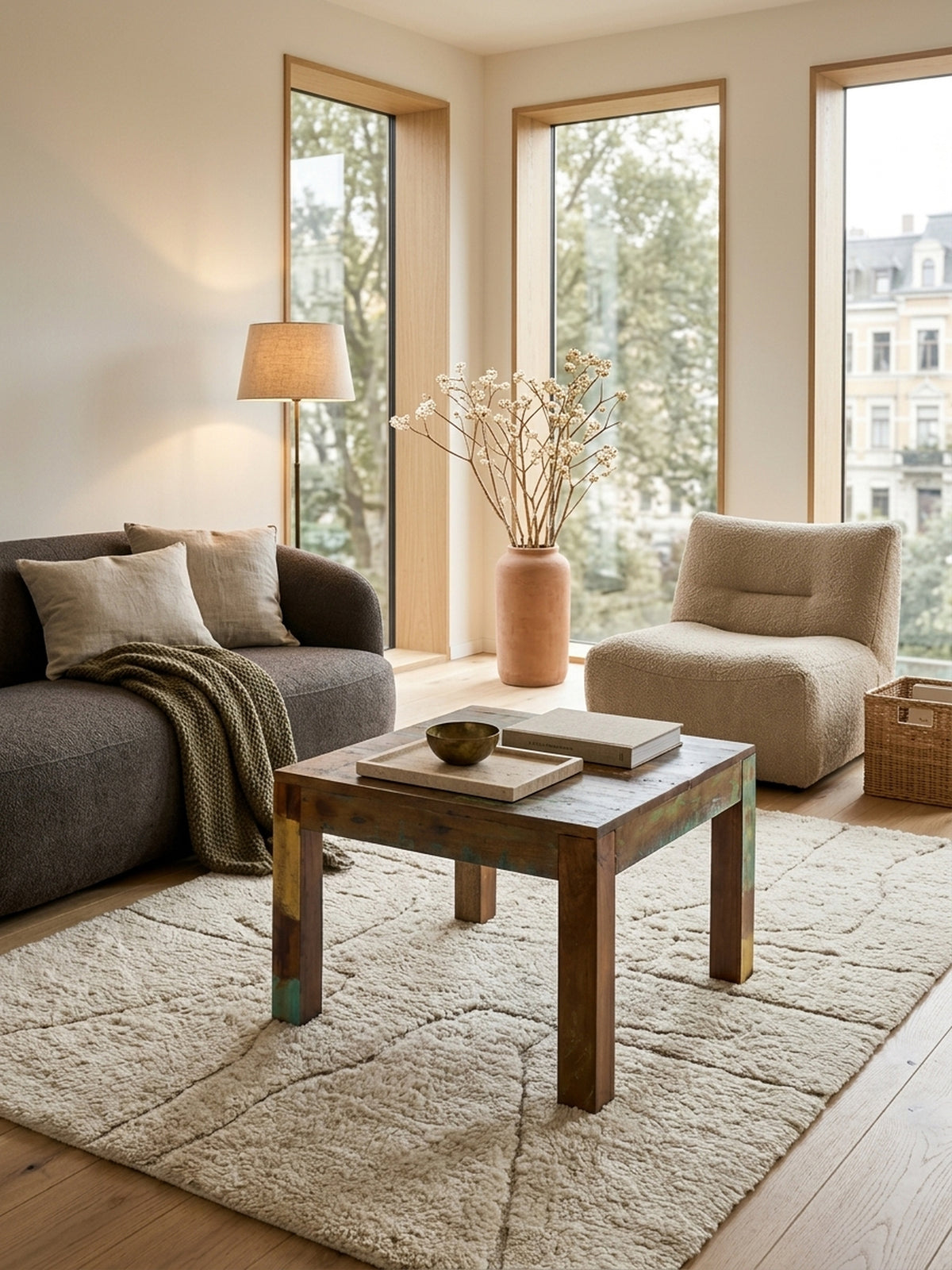 Draufsicht auf den massiven Holz-Couchtisch im hellen Premium-Interieur. Die 60x60 cm Ablagefläche des braunen Sofatisches mit ihren charakteristischen Farbresten harmoniert perfekt mit den_