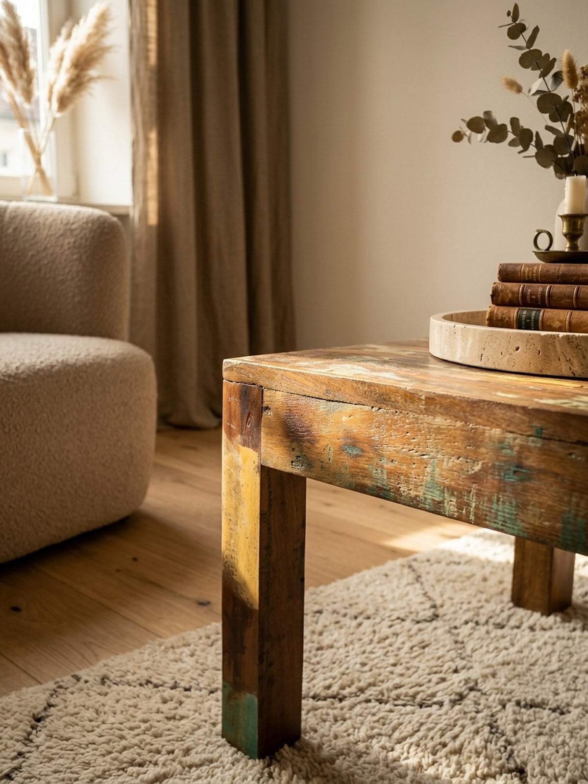 Detailaufnahme der rustikalen Oberfläche: Recyceltes Mangoholz mit spürbarer Maserung und authentischen Shabby-Chic Lackresten in Türkis und Gelb. Der Schutzlack verleiht dem robusten