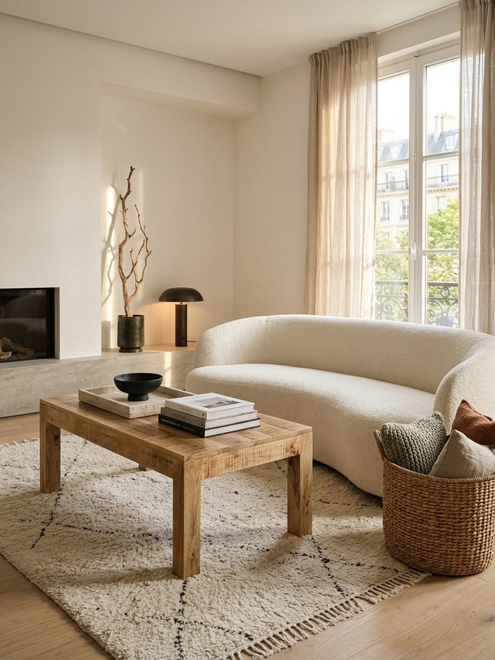 Massiver Couchtisch aus Mango Holz in einem luxuriösen Wohnzimmer. Der rustikale Wohnzimmertisch mit 110x60 cm Größe steht auf einem cremefarbenen Teppich vor einem hellen Design-Sofa._