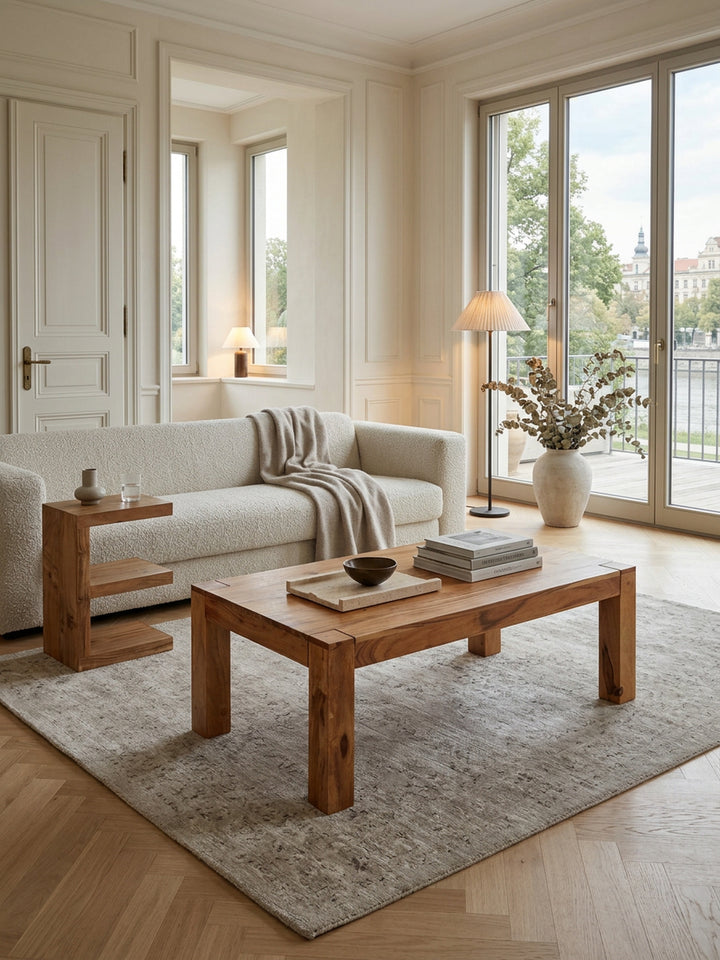 Rustikaler Couchtisch NAKO_ Akazienholz_ quadratisch_ handgefertigt_ pflegeleicht - KADIMA DESIGN_Farbe_ Beige_ Größe_ 110x60x40 cm_