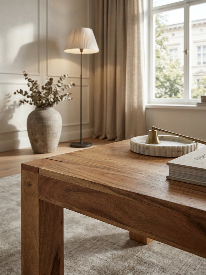 Rustikaler Couchtisch NAKO_ Akazienholz_ quadratisch_ handgefertigt_ pflegeleicht - KADIMA DESIGN_Farbe_ Beige_ Größe_ 110x60x40 cm_