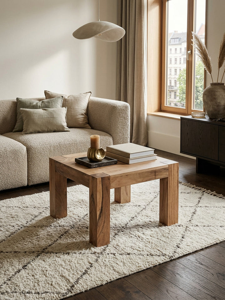 Rustikaler Couchtisch NAKO_ Akazienholz_ quadratisch_ handgefertigt_ pflegeleicht - KADIMA DESIGN_Farbe_ Beige_ Größe_ 60x60x40 cm_