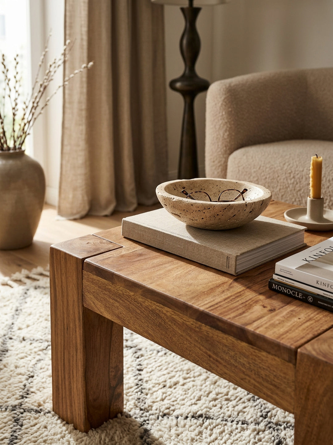 Rustikaler Couchtisch NAKO_ Akazienholz_ quadratisch_ handgefertigt_ pflegeleicht - KADIMA DESIGN_Farbe_ Beige_ Größe_ 60x60x40 cm_
