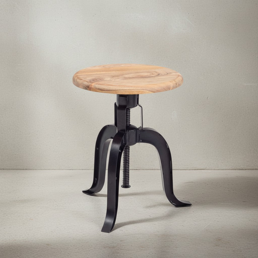 Rustikaler Industrial-Drehhocker aus Akazienholz und Eisen_ höhenverstellbare Sitzfläche - KADIMA DESIGN_Größe_ 39x39x48 cm_