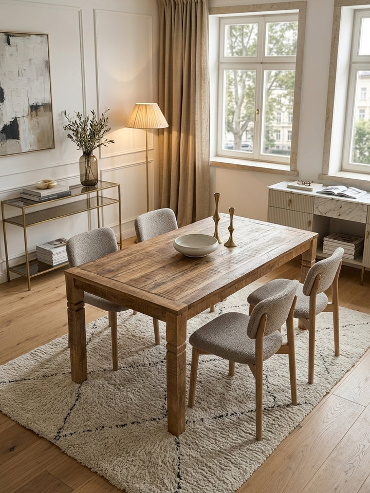 Draufsicht auf den rechteckigen Esszimmertisch für 4 Personen im modernen Interieur. Die markante Holzmaserung der 120x70 großen Mangoholz Tischplatte wirkt warm und einladend._