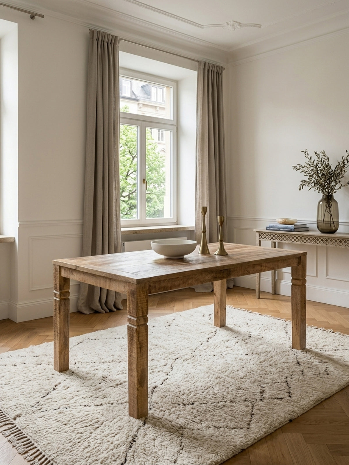 Massivholz Esstisch 120x70cm aus braunem Mangoholz in einem eleganten Esszimmer. Der rustikale Landhausstil Tisch steht auf einem cremefarbenen Teppich umgeben von hellen Leinenstühlen.
