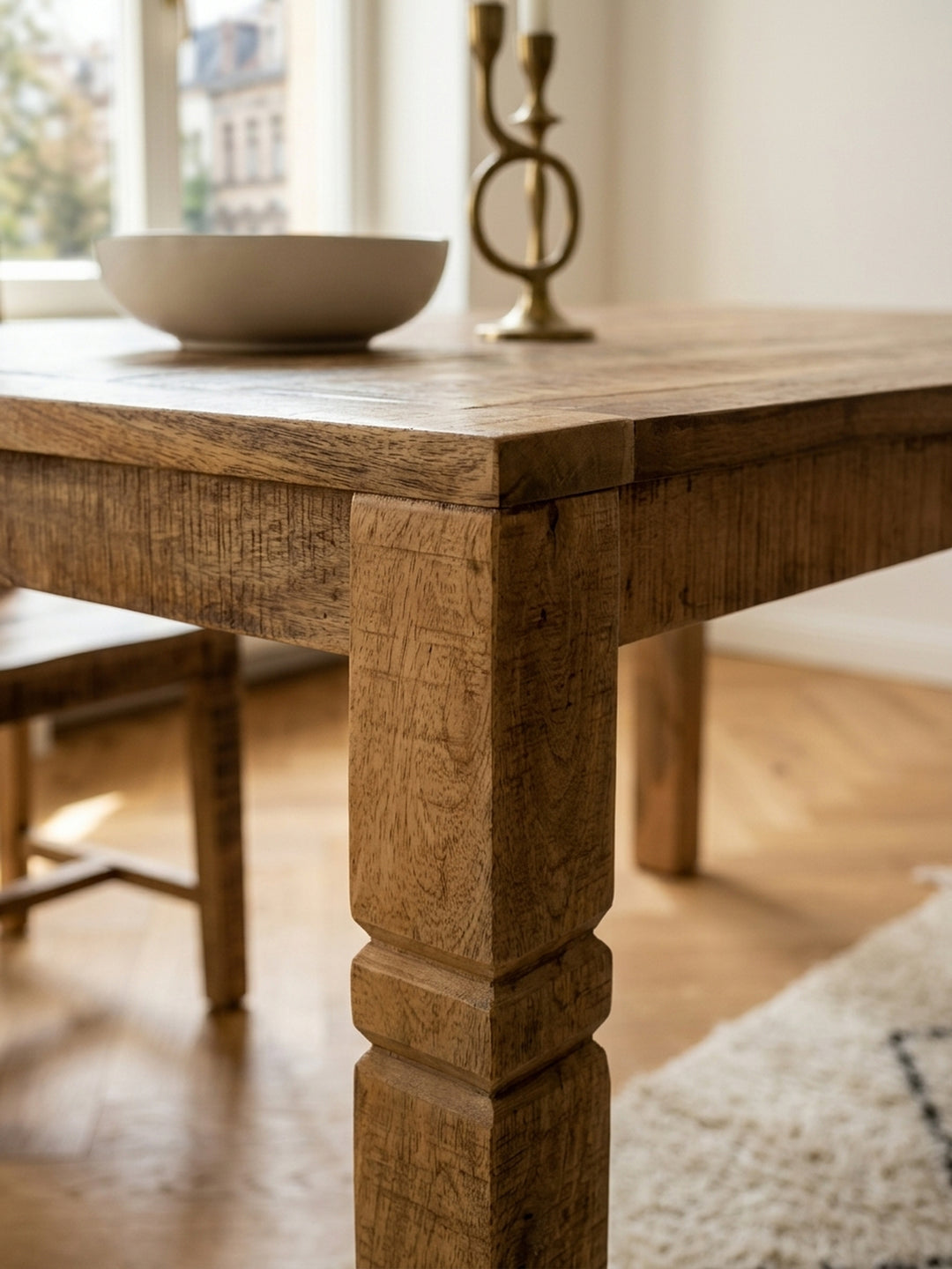 Detailaufnahme der rustikalen Oberfläche des Mangoholz Esstisches. Die natürliche Holzstruktur und die schützende PU-Lackierung des braunen Massivholzes sind deutlich erkennbar._