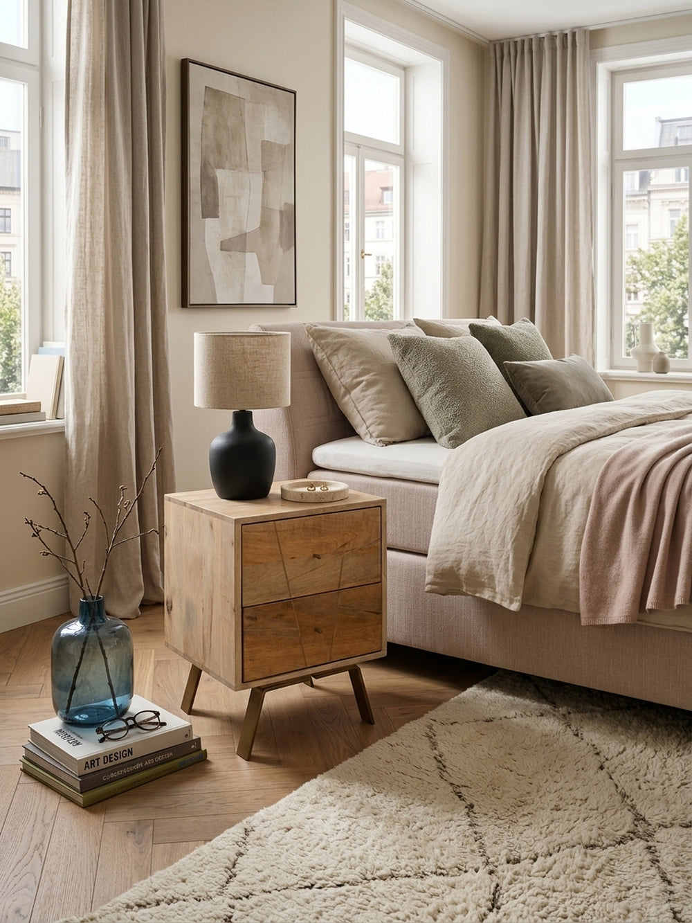 Massiver Mangoholz Nachttisch im eleganten Schlafzimmer. Die 40x56x40cm große Nachtkonsole mit zwei Schubladen steht auf einem weichen Teppich neben einem Boxspringbett._