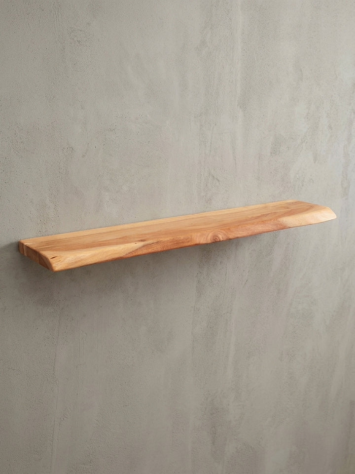 Technisches Produktbild des Wandregals aus Akazie mit exakten Maßen: Länge 80 cm, Tiefe 25 cm und Stärke 4 cm für eine präzise Wandmontage._