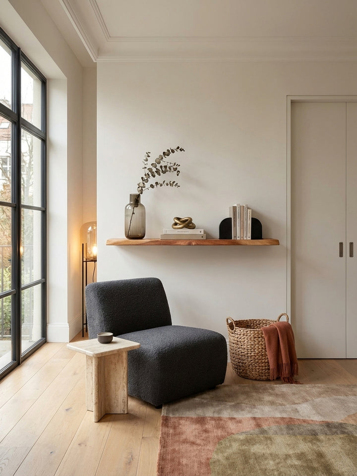 Massives Wandregal aus Akazienholz mit organischer Baumkante, stilvoll dekoriert in einem modernen Wohnzimmer mit grauer Wand._