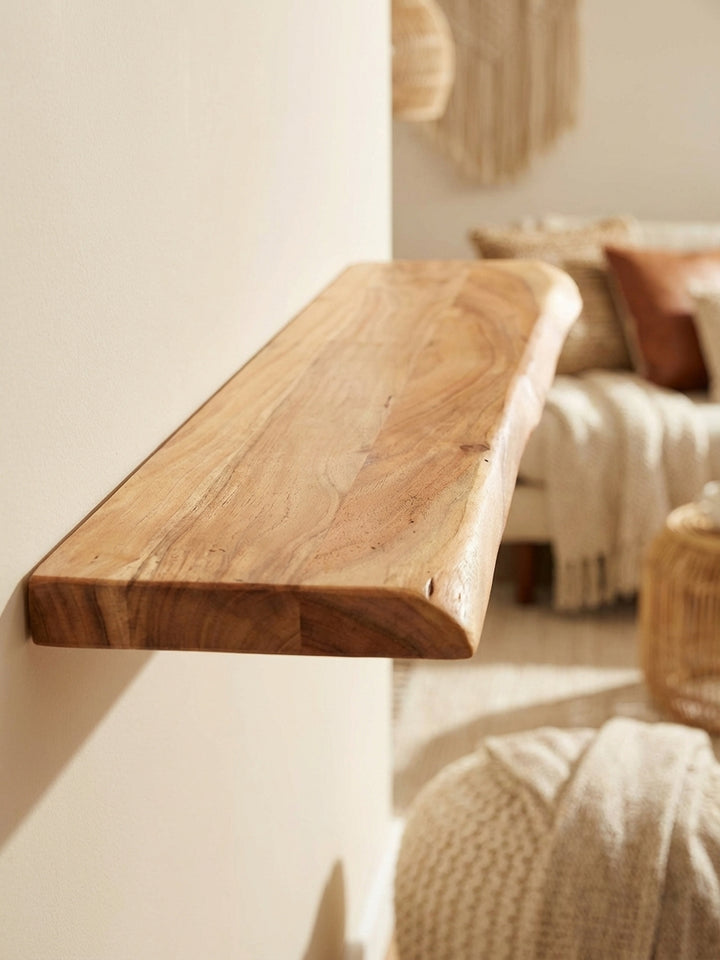 Detailaufnahme der lebendigen Holzmaserung und der glatten Oberfläche eines massiven Akazie-Hängeregals mit natürlicher Baumkante._