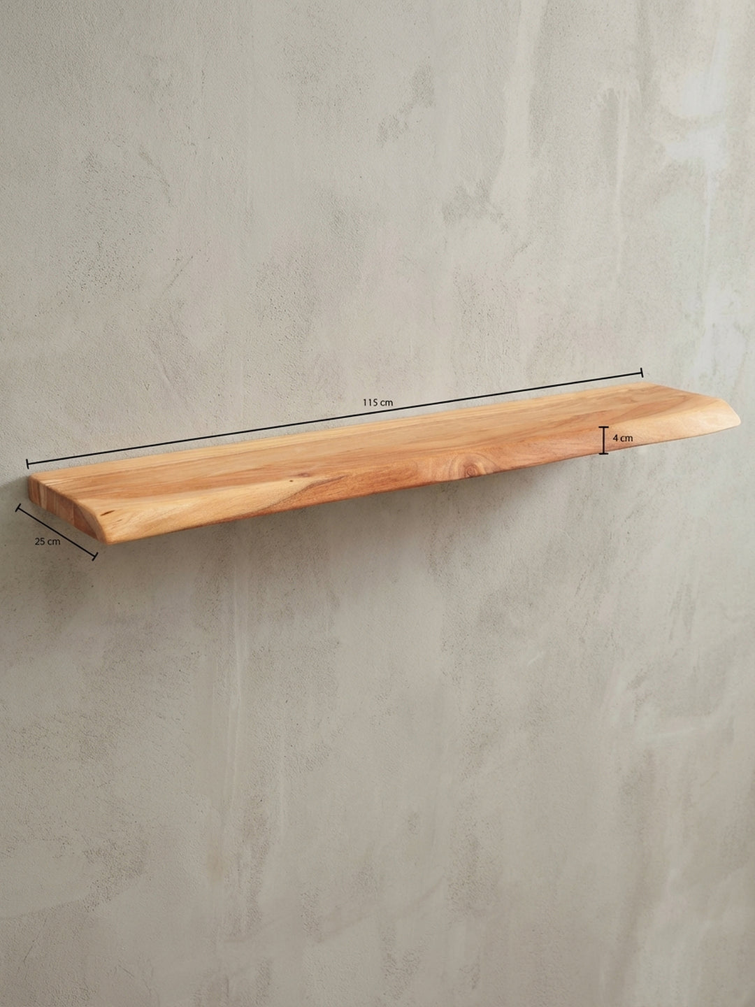Technisches Bild des Wandregals mit exakten Maßen: Länge 115 cm, Tiefe 25 cm und Höhe 4 cm für die präzise Wandmontage._