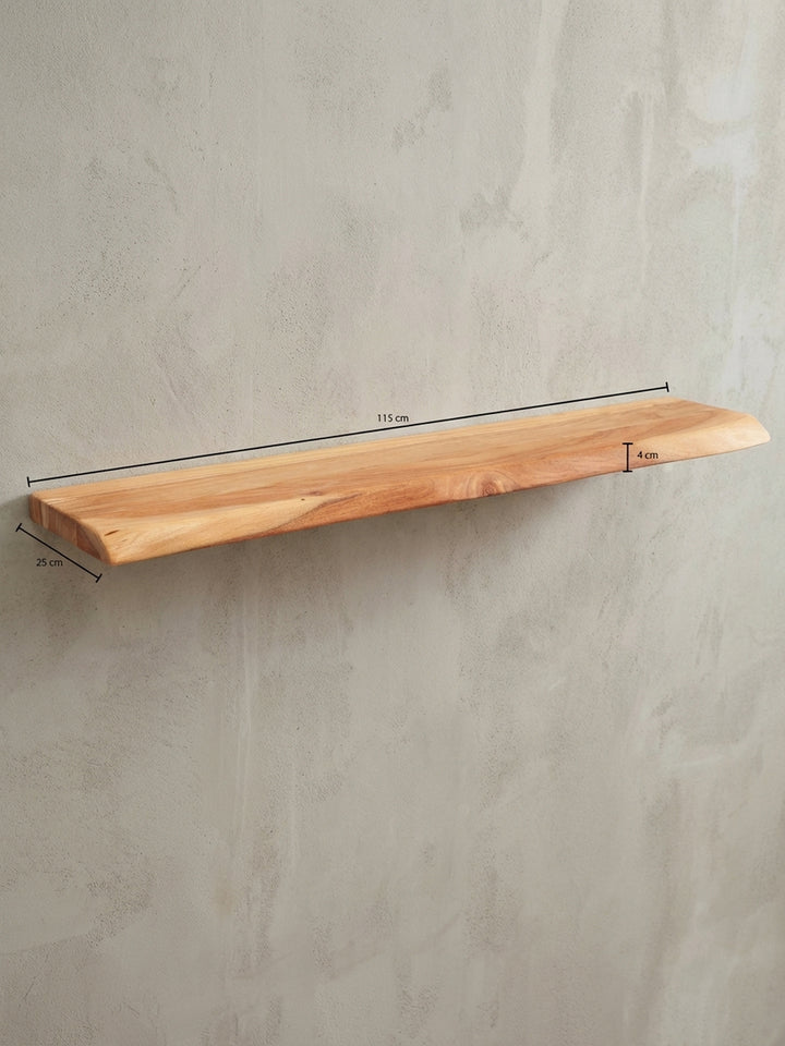 Technisches Bild des Wandregals mit exakten Maßen: Länge 115 cm, Tiefe 25 cm und Höhe 4 cm für die präzise Wandmontage._