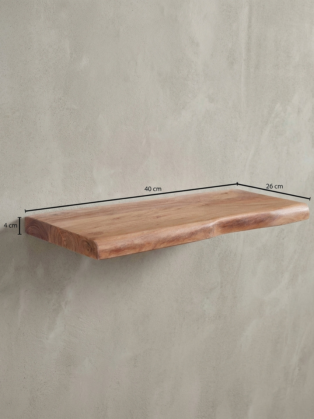 Technische Skizze des massiven Wandboards mit exakten Maßen: Breite 40 cm, Tiefe 26 cm und Höhe 4 cm, zur einfachen Planung der Wanddekoration._
