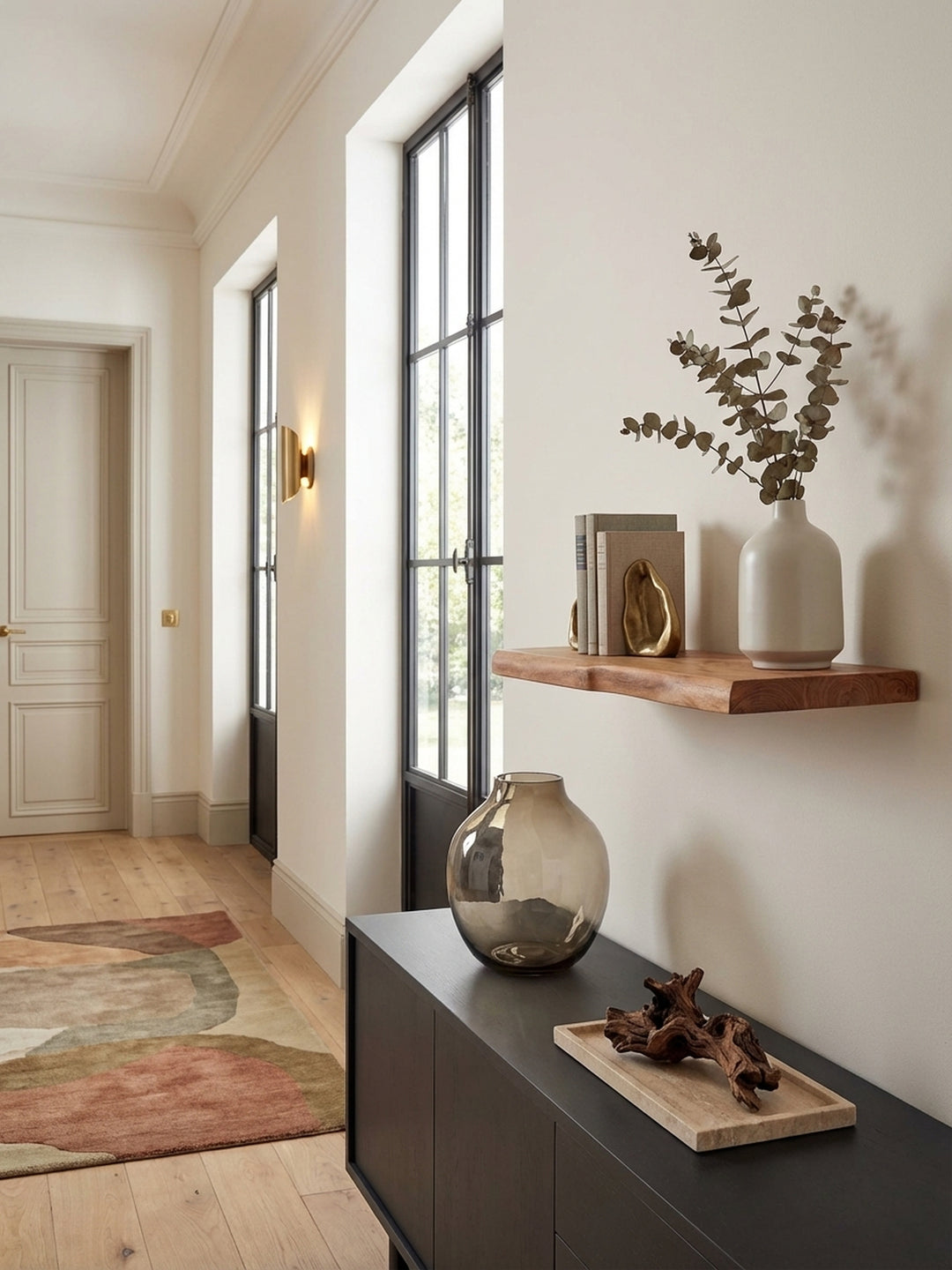 Das 60 cm Wandregal aus Akazie Massivholz mit Baumkante in einem modern-organischen Wohnzimmer, stilvoll dekoriert mit Keramik und Büchern auf einer warmweißen Wand._