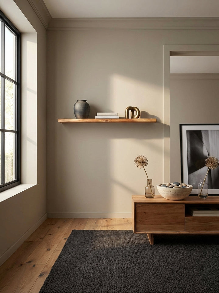 Design Schweberegal aus massivem Akazienholz in der Draufsicht, zeigt die natürliche Baumkante und die großzügige Tiefe von 25 cm für Dekorationsobjekte._