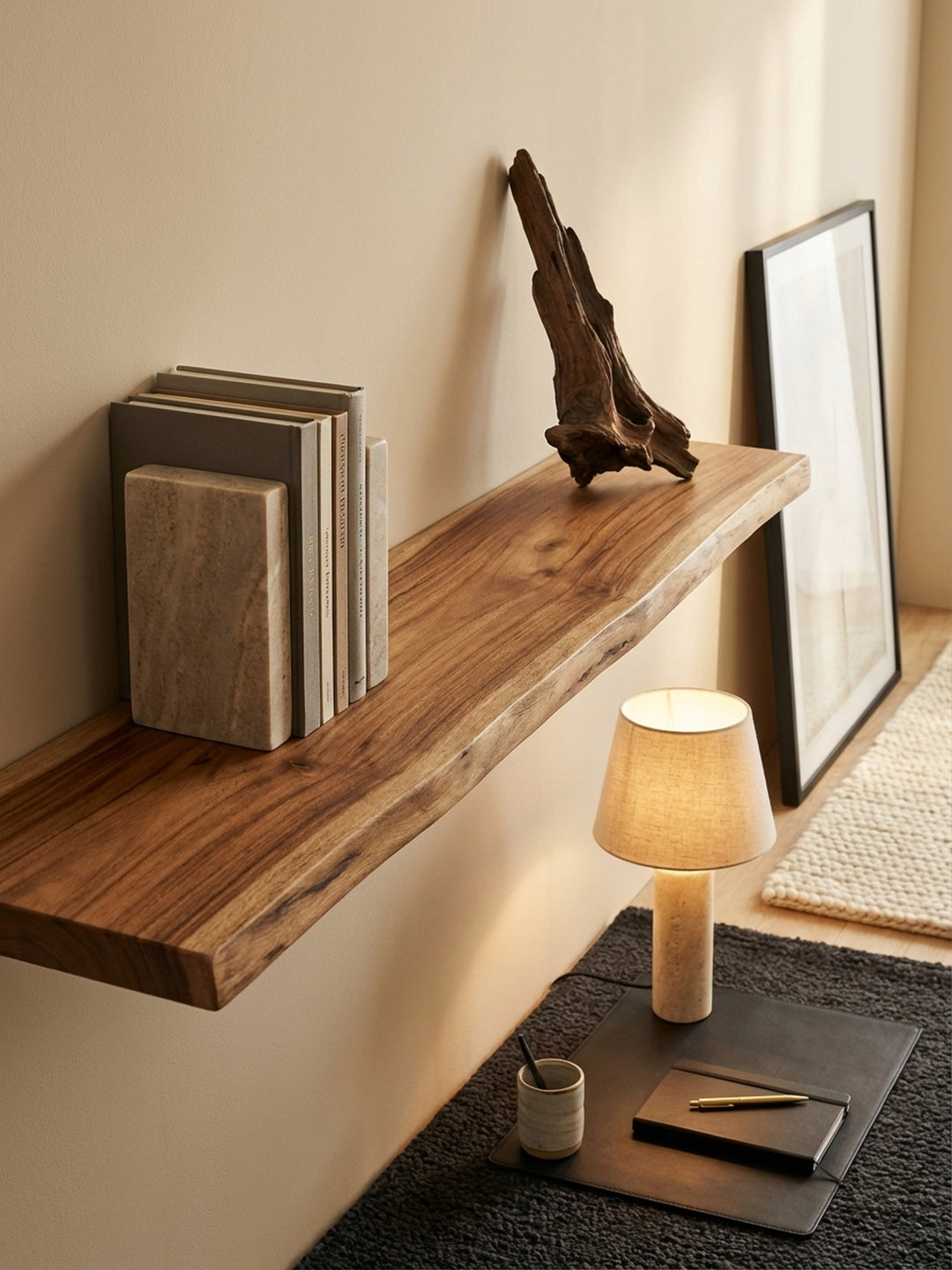 Nahaufnahme der lebendigen Holzmaserung und der einzigartigen Baumkante des Akazie Massivholz Wandboards, das die natürliche Haptik des Materials betont._