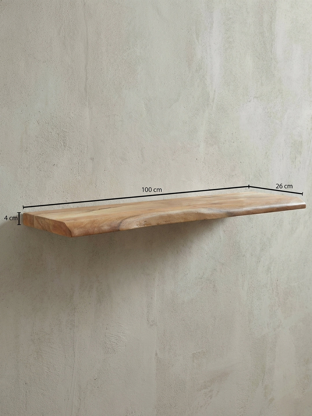 Technische Darstellung des Wandregals mit exakten Maßen: Breite 100 cm, Tiefe 26 cm und Höhe 4 cm, zur präzisen Planung des Platzbedarfs._
