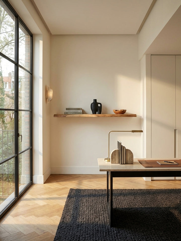 Organisches Wandregal aus massivem Akazienholz mit Baumkante, montiert über einem modernen Schreibtisch in einem stilvollen Home Office._