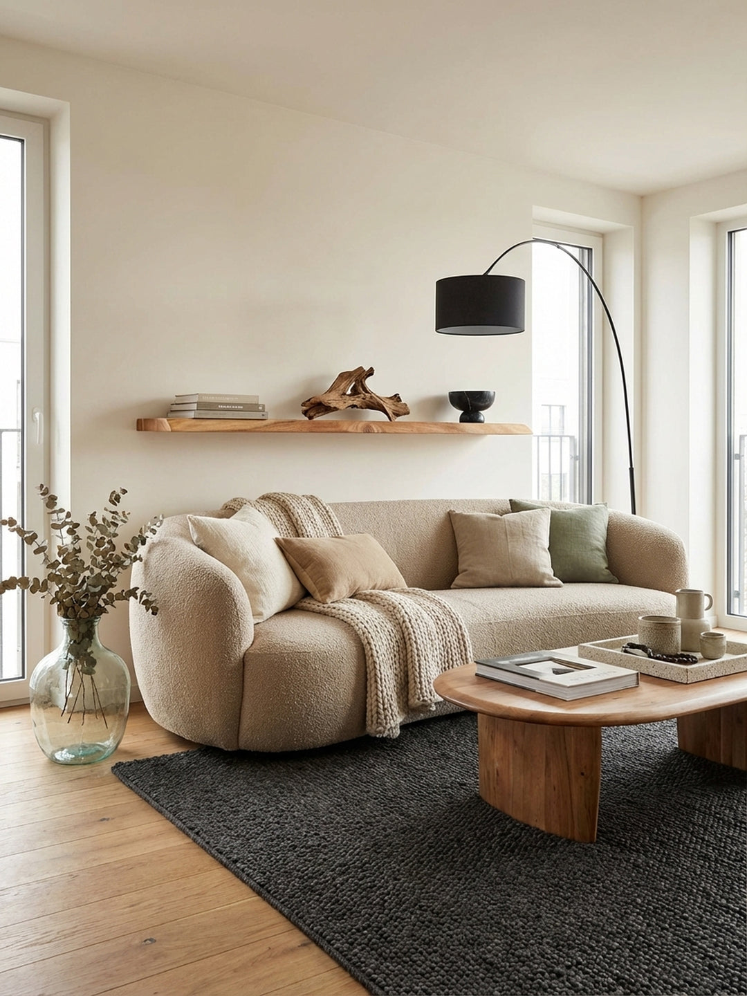 Massives Wandregal aus Akazienholz mit Baumkante, 80 cm breit, stilvoll dekoriert mit Skulpturen in einem modernen Wohnzimmer an einer grauen Wand._
