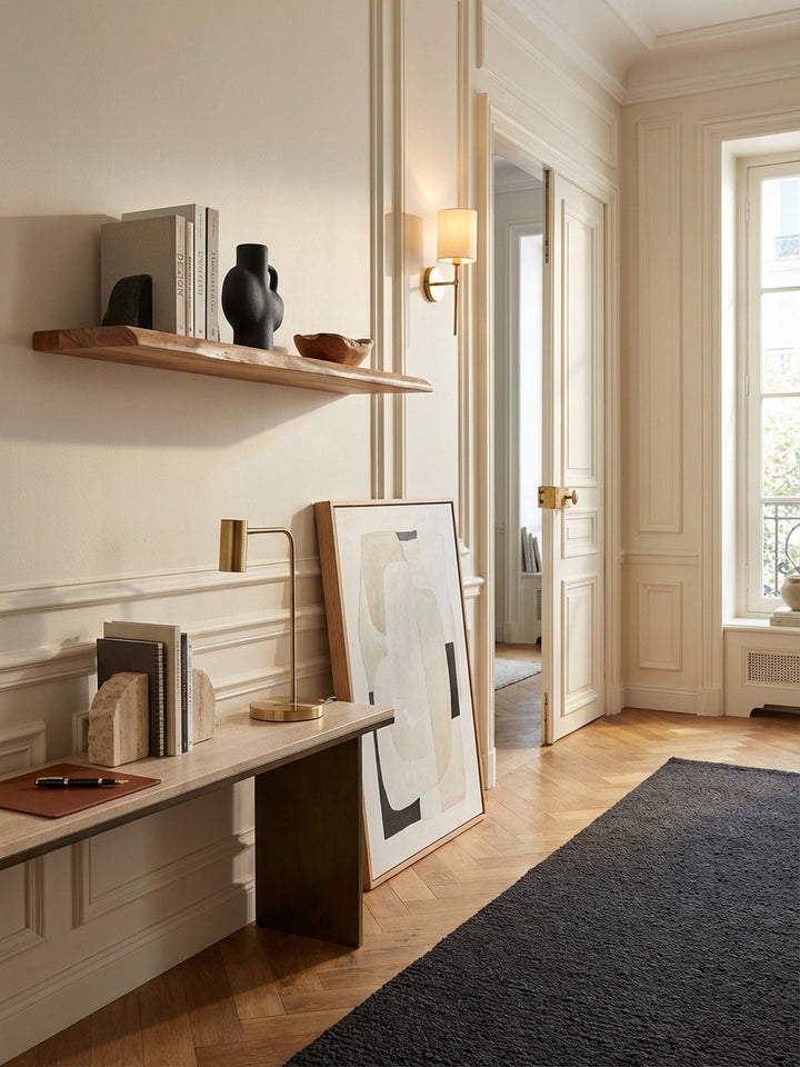 Nahaufnahme der lebendigen Maserung und der Unregelmäßigkeiten der handgearbeiteten Baumkante des massiven Akazienholz-Wandboards._