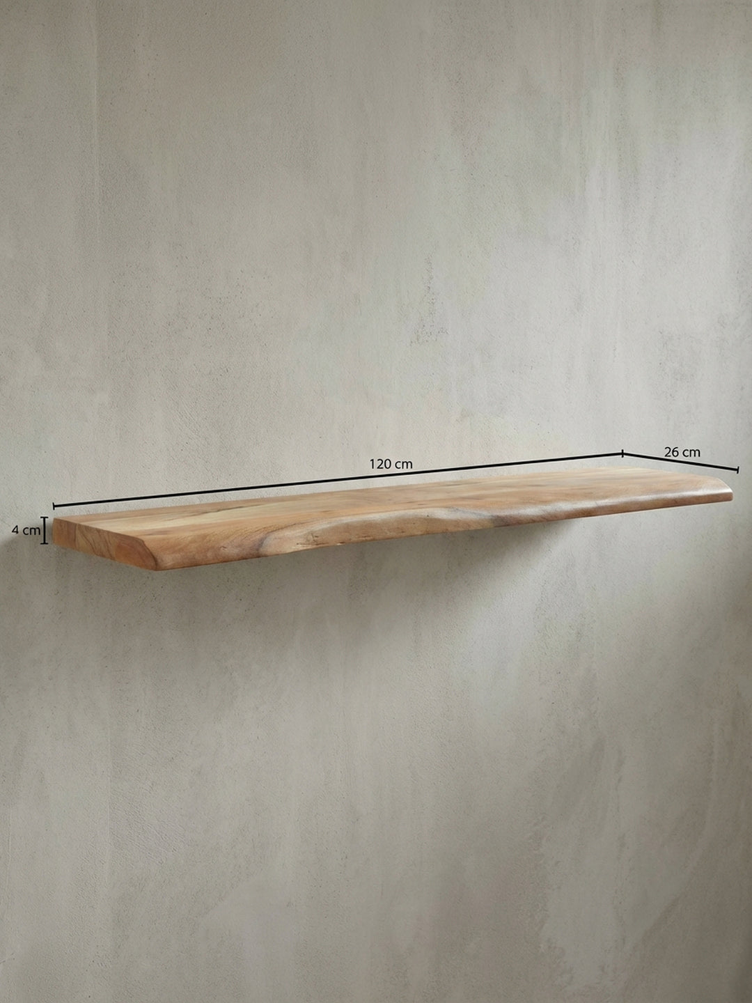 Technische Zeichnung des Wandregals mit exakten Maßangaben: Länge 120 cm, Tiefe 26 cm und Höhe 4 cm, für eine präzise Raumplanung._