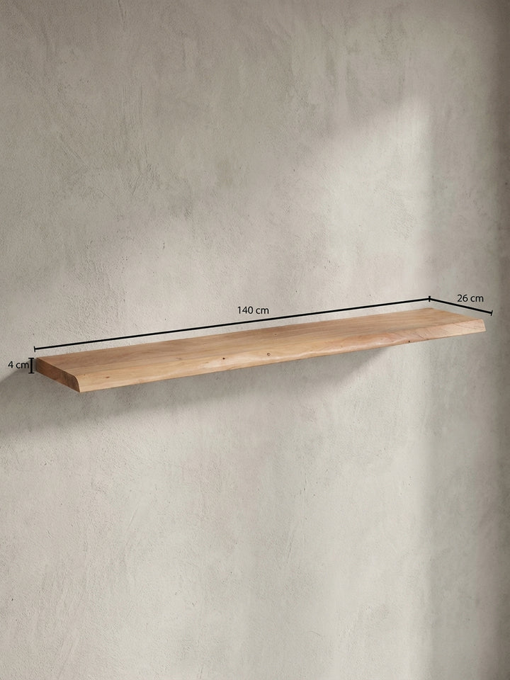 Technische Zeichnung mit den exakten Maßen des Wandregals: 140 cm Länge, 26 cm Tiefe und 4 cm Holzstärke. Alle Abmessungen für die perfekte Wandplanung._