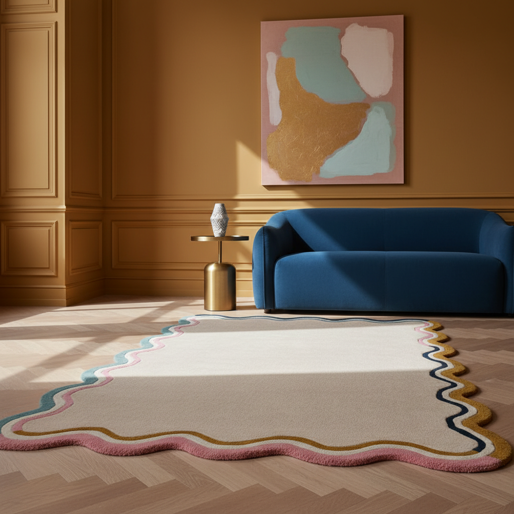 Wollteppich Wellenbordüre-Design - pastell handgetuftet WINCH_Rechteckig_