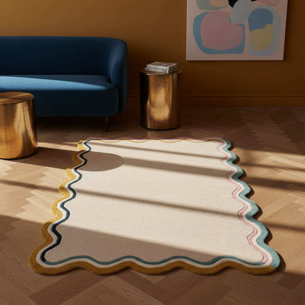 Wollteppich Wellenbordüre-Design - pastell handgetuftet WINCH_Rechteckig_