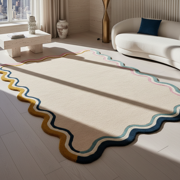 Wollteppich Wellenbordüre-Design - pastell handgetuftet WINCH_Rechteckig_