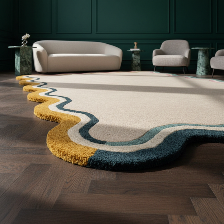 Wollteppich Wellenbordüre-Design - pastell handgetuftet WINCH_Rechteckig_