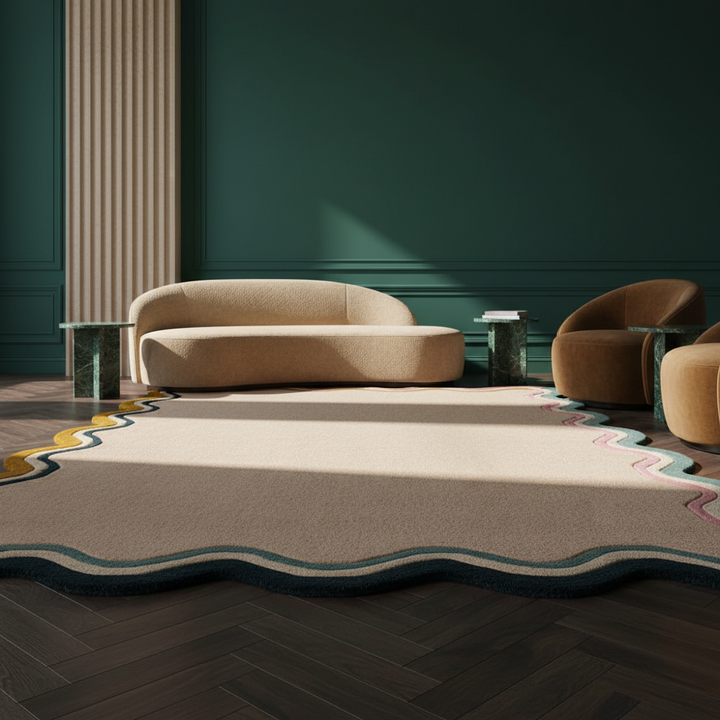 Wollteppich Wellenbordüre-Design - pastell handgetuftet WINCH_Rechteckig_