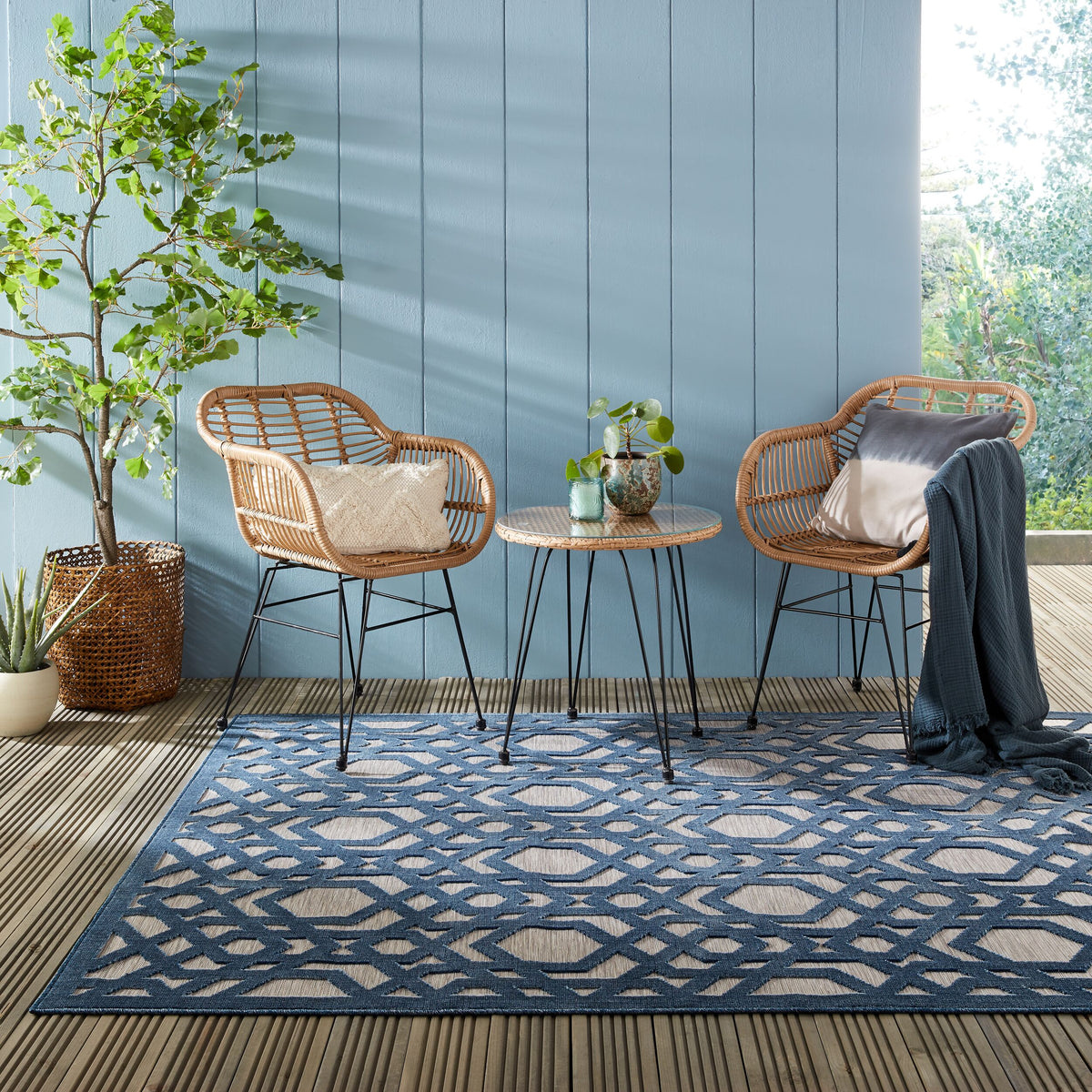 Rutschfester und langlebiger Teppich mit geometrischem Muster_Blau-Grau_Rechteckig_