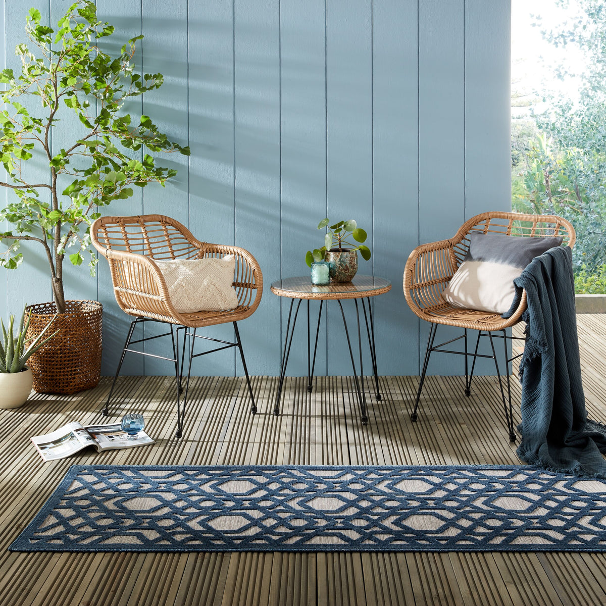 Rutschfester und langlebiger Teppich mit geometrischem Muster_Blau-Grau_Läufer_