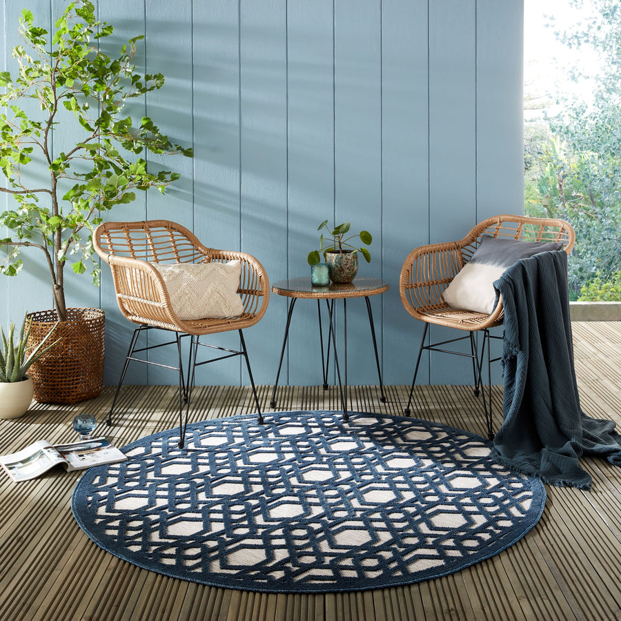 Rutschfester und langlebiger Teppich mit geometrischem Muster_Blau-Grau_Rund_
