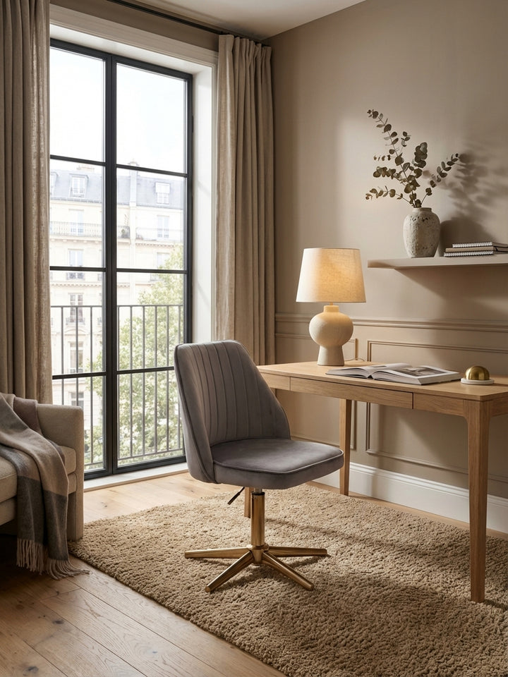 Eleganter Home-Office-Arbeitsplatz mit grauem Samt-Schreibtischstuhl und goldenem Fußkreuz vor einem minimalistischen Holzschreibtisch am Fenster._
