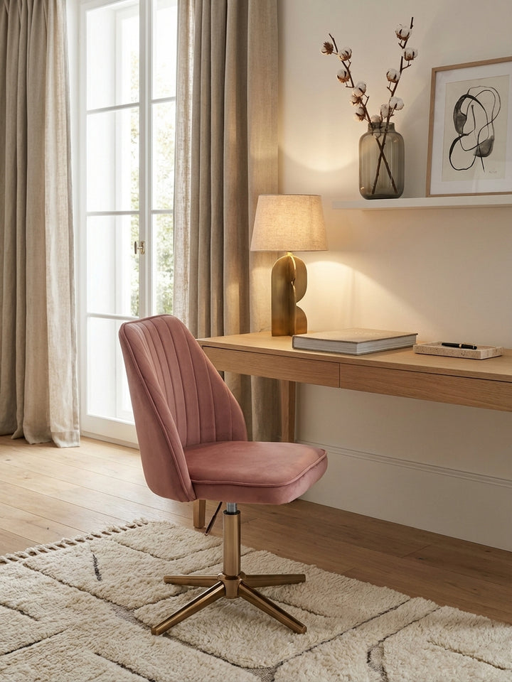 Design-Drehstuhl aus rosa Samt von oben gesehen, perfekt platziert auf einem Salbei-Teppich vor einem Schreibtisch aus Marmor in einem modernen Arbeitszimmer._