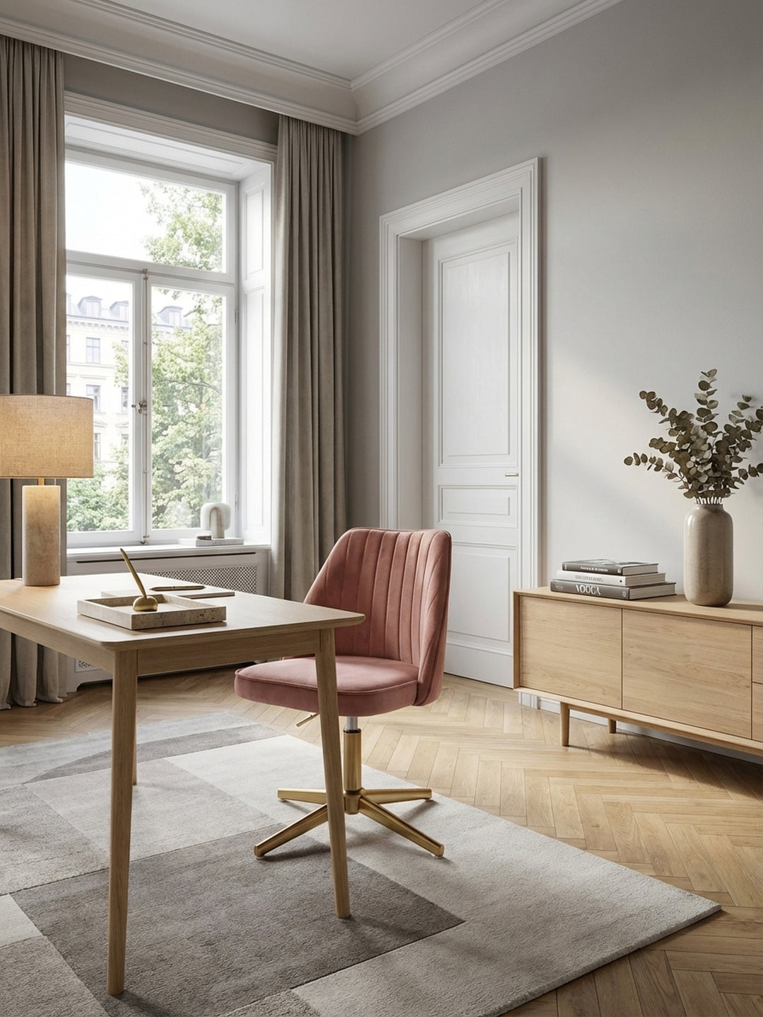 Eleganter Schreibtischstuhl in Rosa Samt in einem hellen, luxuriösen Home-Office, kombiniert mit einem minimalistischen Schreibtisch und stilvollen Messing-Accessoires._