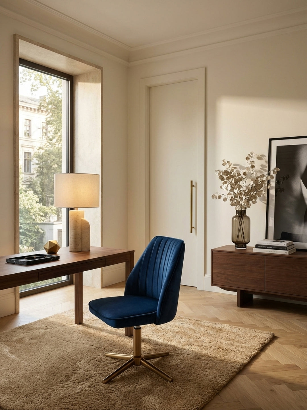 Eleganter Schreibtischstuhl aus dunkelblauem Samt mit goldenem Fuß in einem modernen, hellen Home-Office. Der Drehstuhl steht an einem minimalistischen Schreibtisch auf Holzboden._